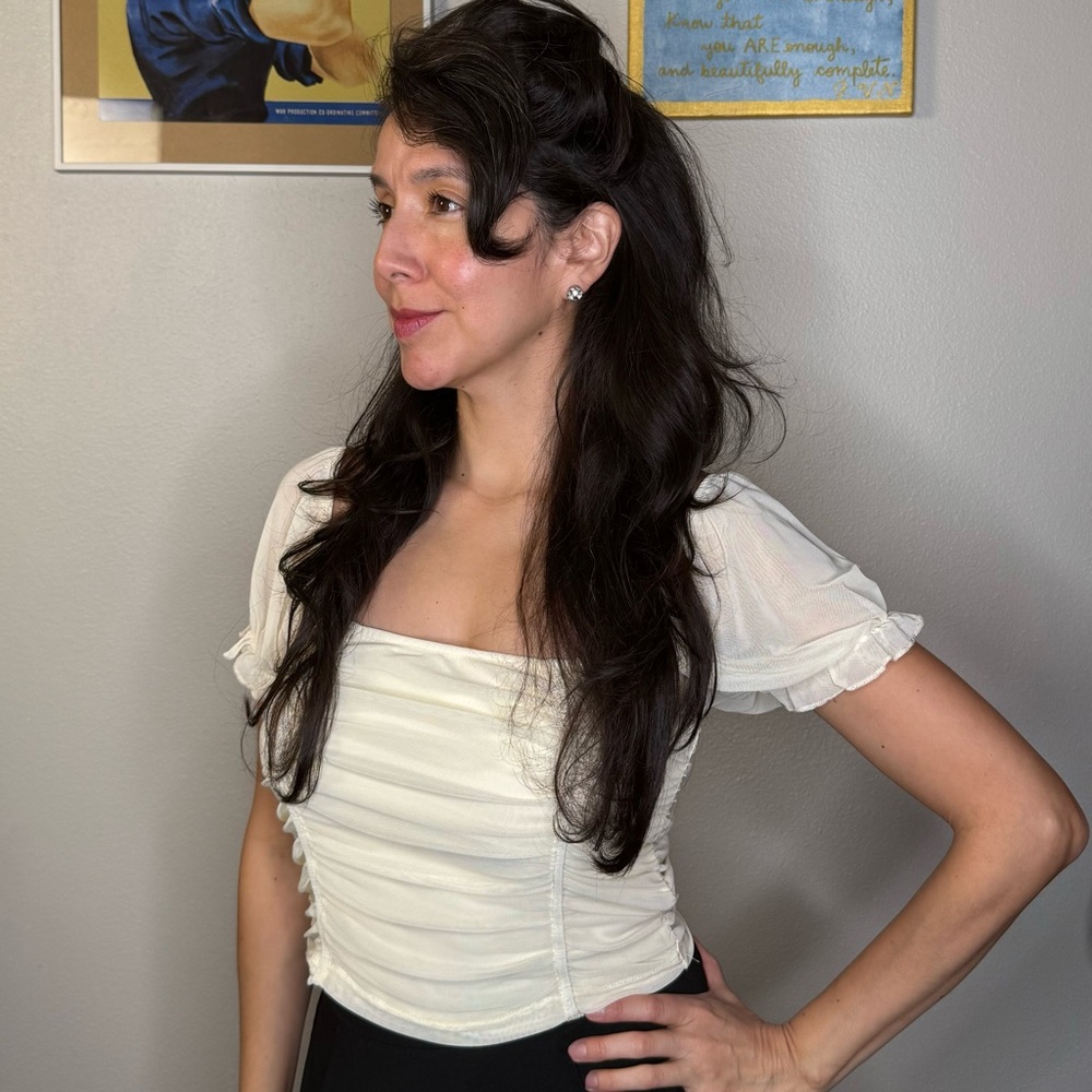 Forever 21 ruched mesh puff-sleeve top in soft pale yellow (buttercream)